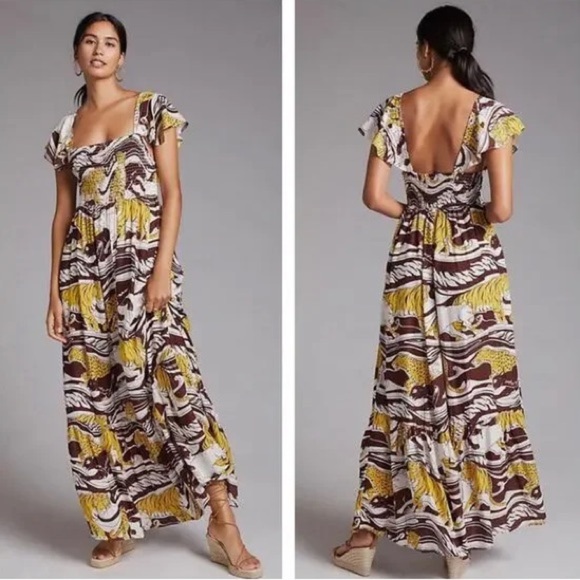 Anthropologie Short Sleeve Ruffled Smocked Maxi Dress Brown Panther Print Small - Picture 1 of 11